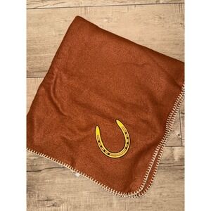 Western Horseshoe Fleece Throw Blanket Rust Brown Whipstitch Edge 34x30